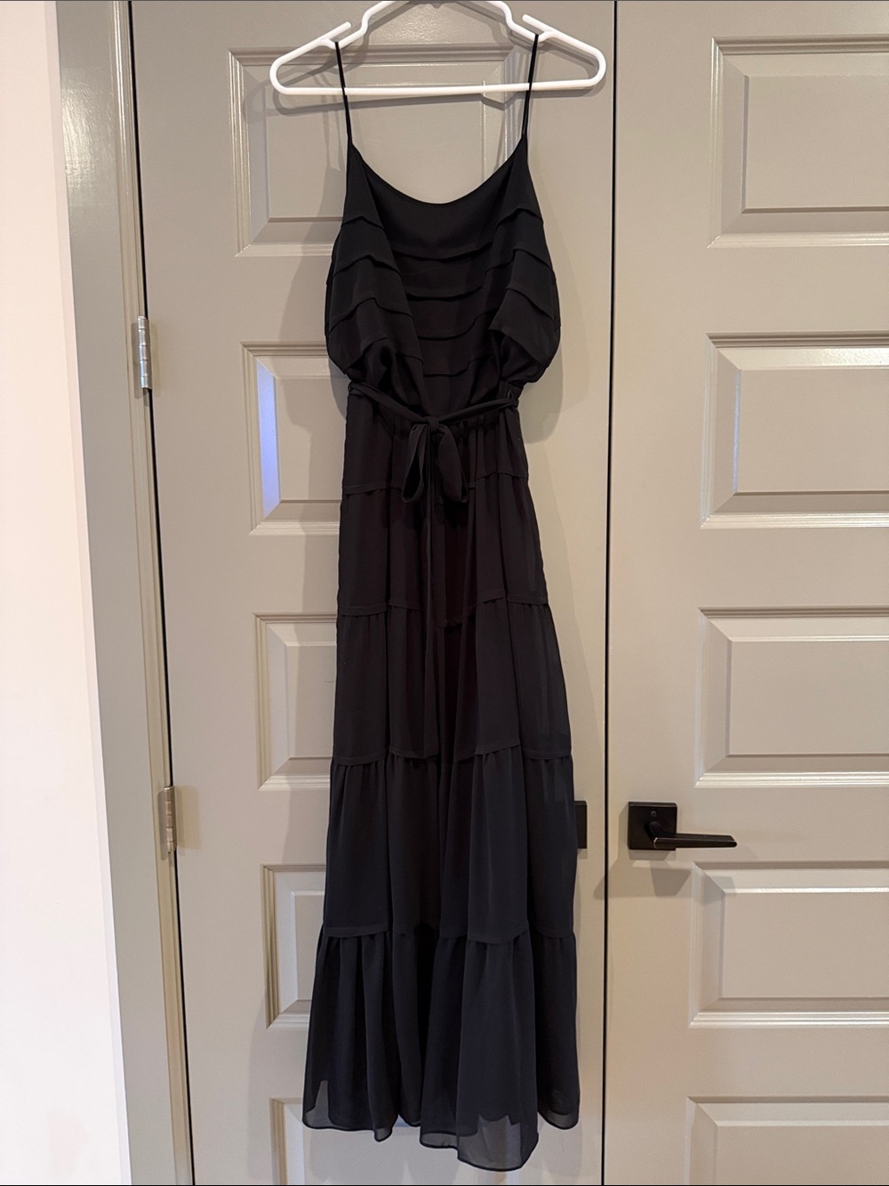 Max Studio Black Tiered Spaghetti-Strap Maxi Dress with Waist Tie